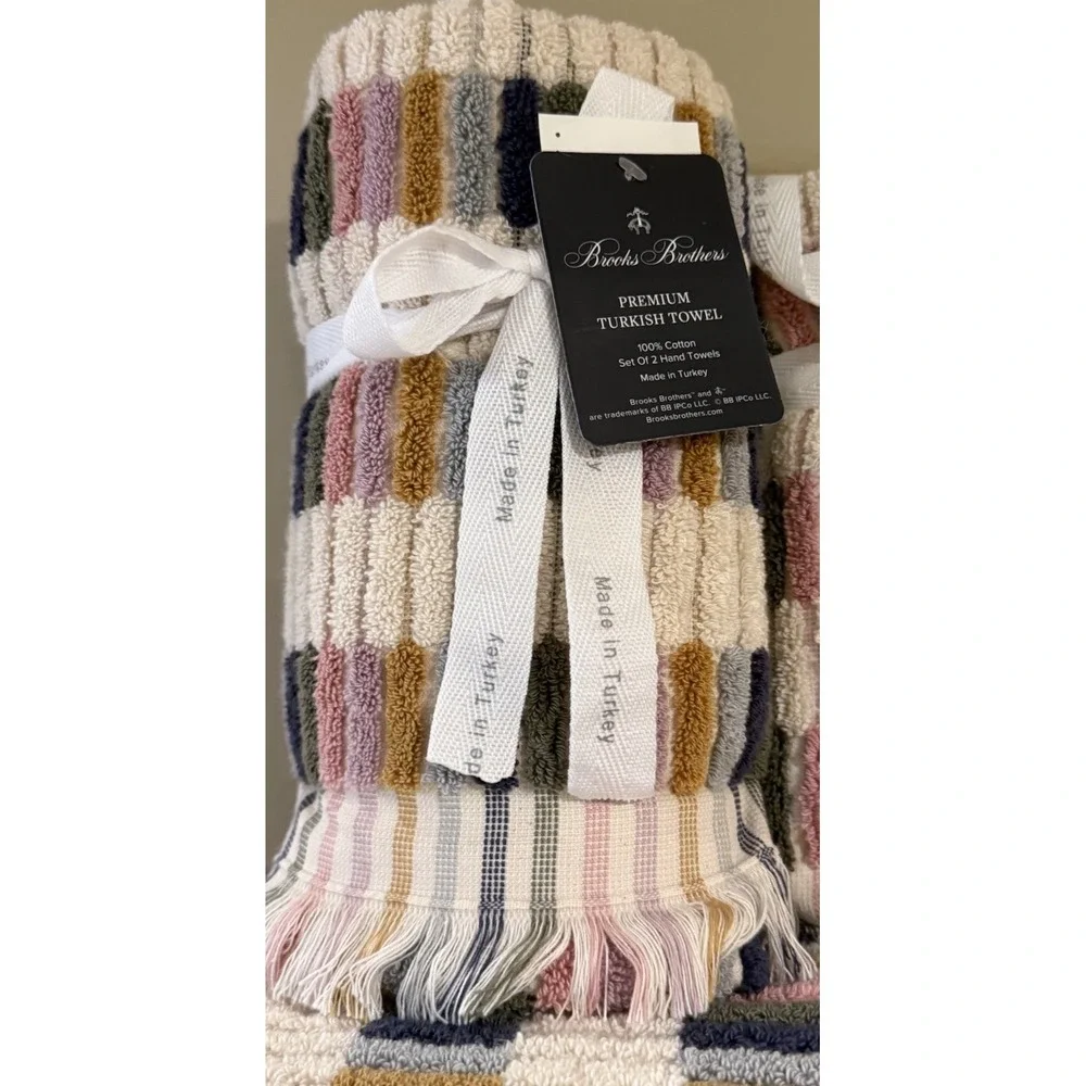 Brooks Brothers 2 Bath 2 Hand 2 Tip Towels Tiles  Multicolored Mosaic 100%Cotton